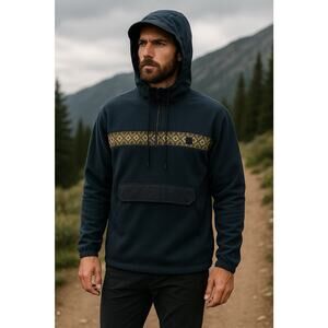 Huckberry Roark Mens Hoodie XL Navy Patterned Overland Anorak Fleece Jacket NWT